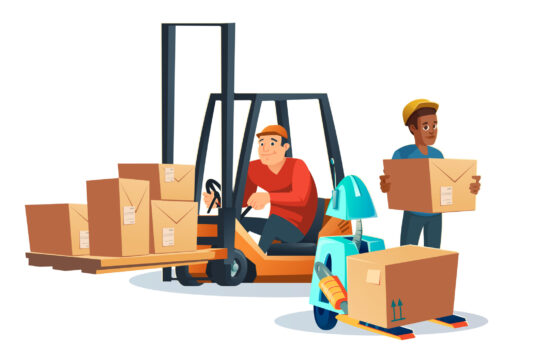 Forklift with driver, worker and robot carrying cardboard boxes. Vector cartoon illustration of lift truck with goods, autonomous robot and warehouse staff isolated on white background